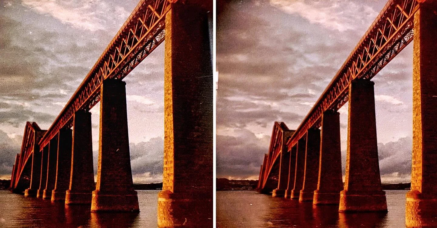 Playing about with some colour film in the Wray Stereographic camera. Some nice Cinestill 50D film, so that the Wray Stereographic&rsquo;s set 1/50th shutter speed can just be worked with using Sunny 16. The Forth Bridge shot gives a reasonable 3D ef