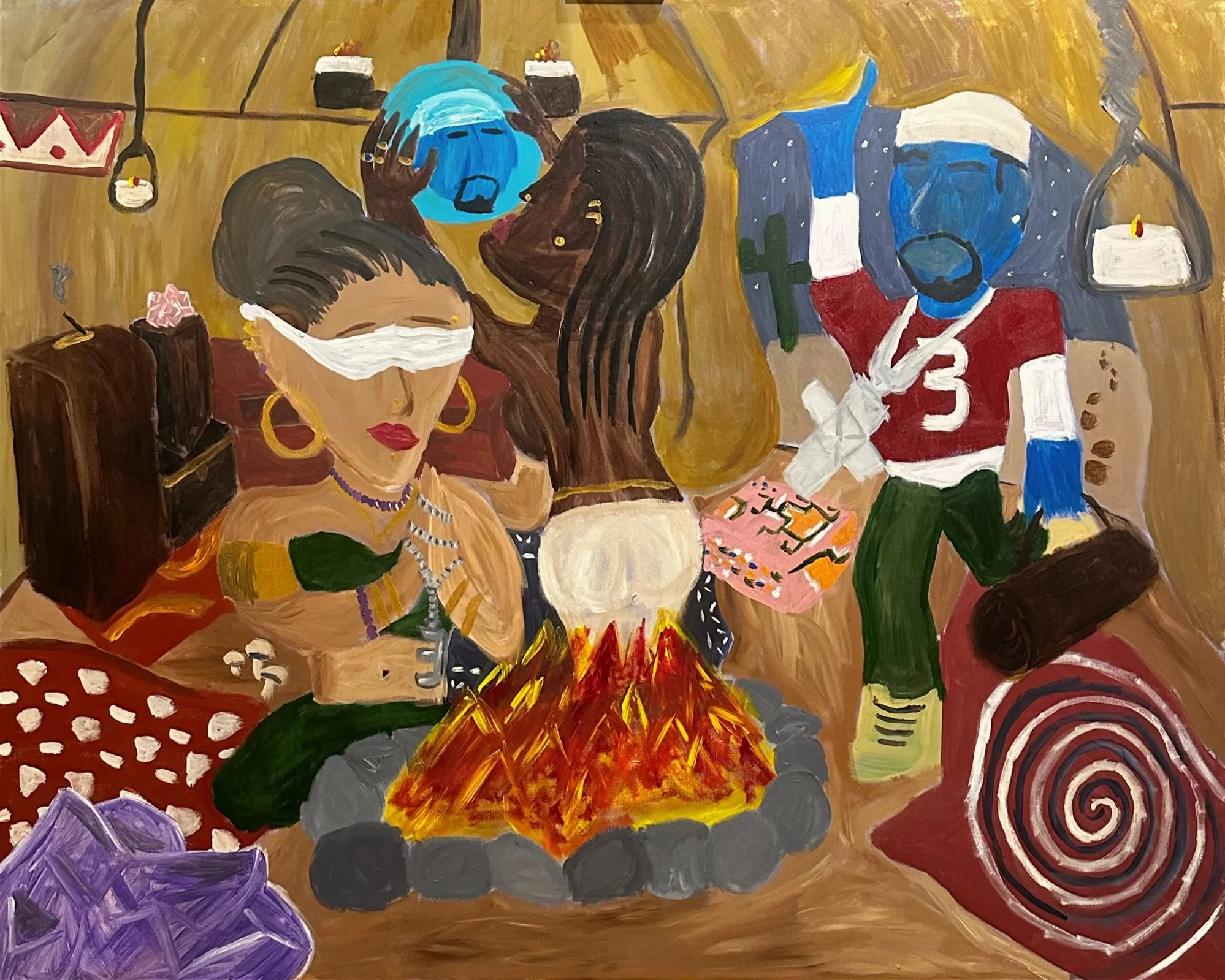 A colorful painting of four children with dark skin, two with white face masks, sitting around a campfire inside a tent. The children are wearing casual clothes, and the scene includes various geometric shapes and vibrant colors.