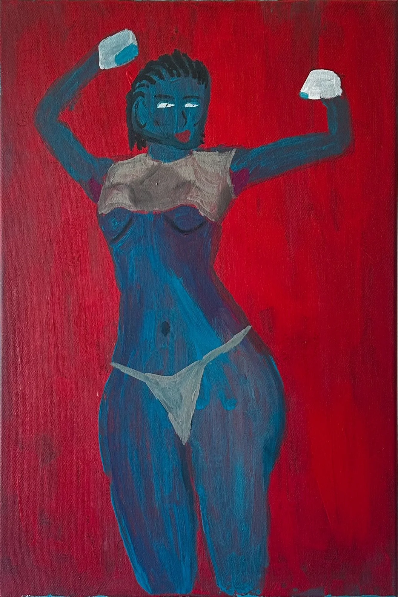 A painting of a woman with dark hair, blue skin, and white eyes, standing against a red background. She is wearing a white crop top and white underwear, and has her arms raised, flexing her muscles.