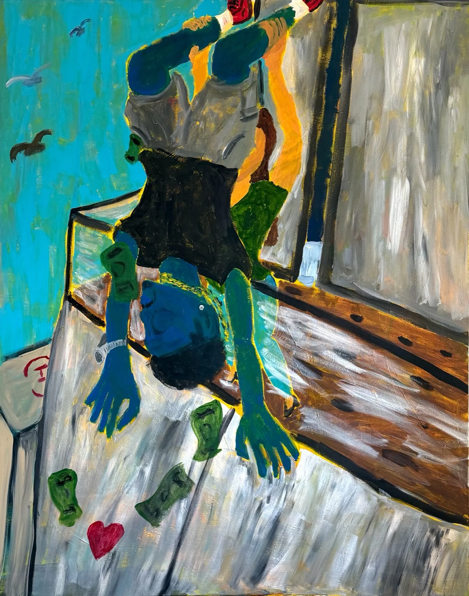 Abstract painting depicting a person riding a motorcycle on a road, with a bright blue sky and birds flying in the background. The scene features vibrant, bold brushstrokes and vivid colors.