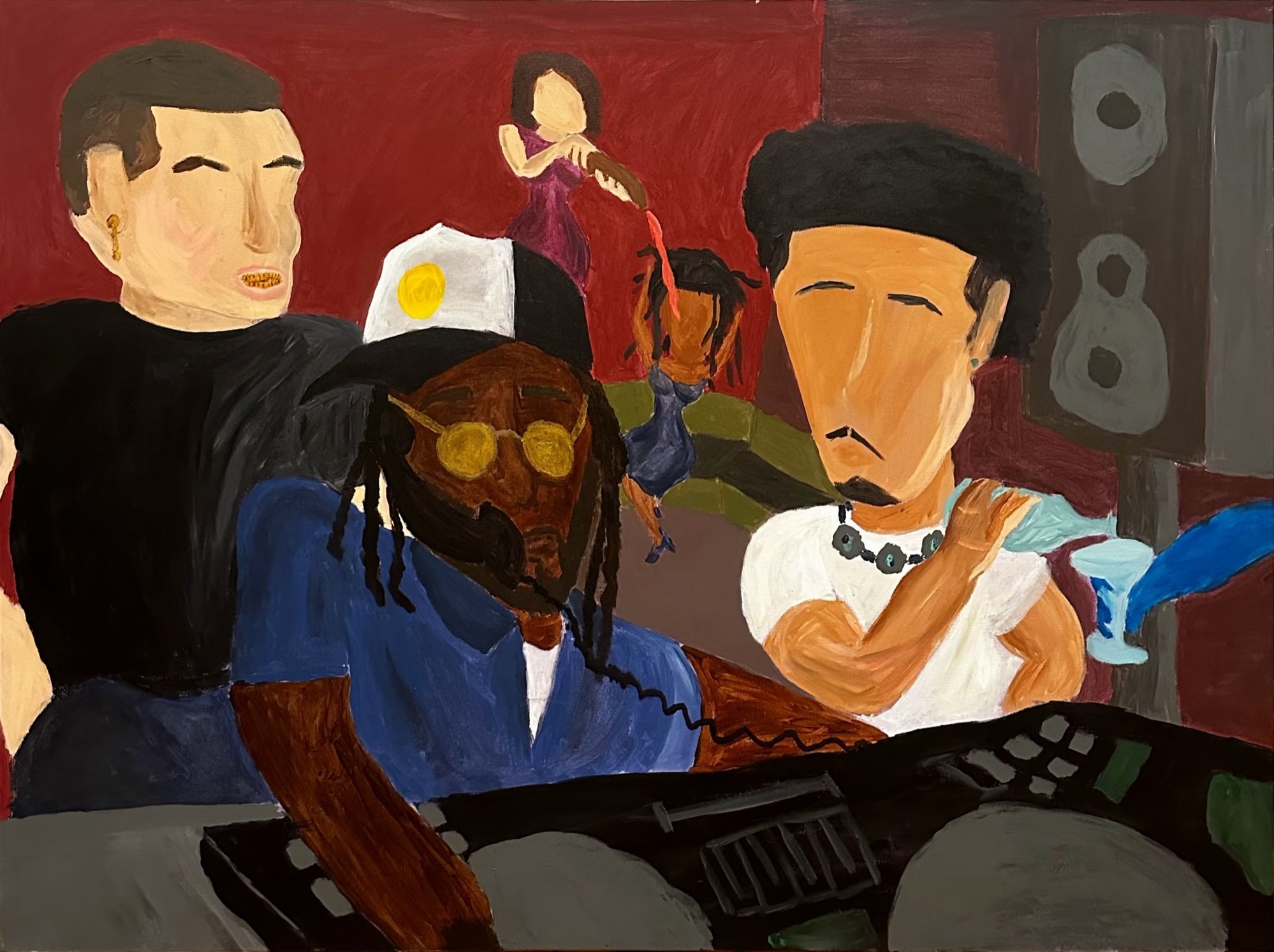 An abstract painting featuring a woman with earrings, a man with a mustache, and another woman with dreadlocks in a room with a red background and speaker in the corner.