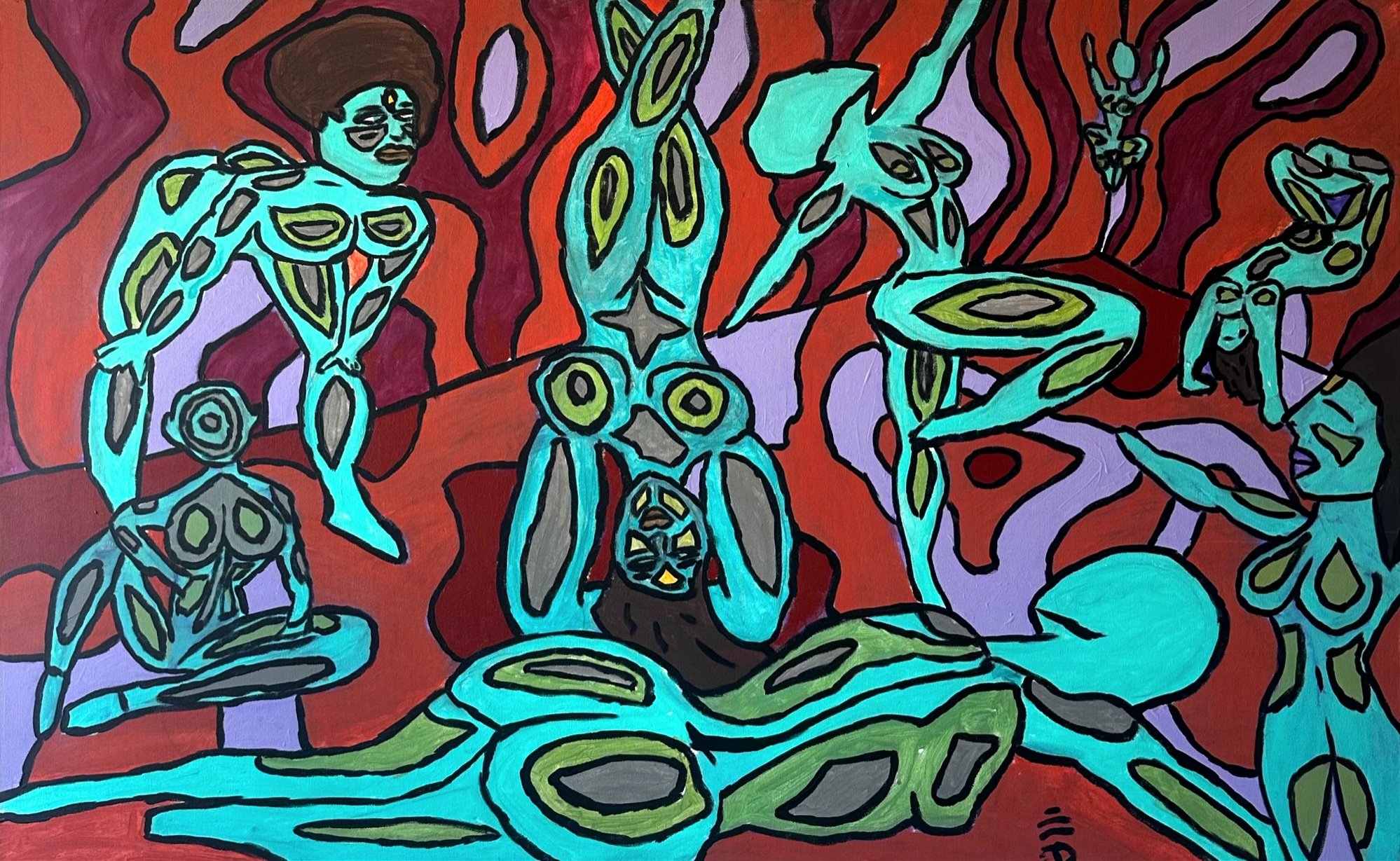 Abstract artwork featuring multiple human figures and animal-like shapes outlined in black, with bright, contrasting colors including blue, green, purple, and orange, set against a bold red background.