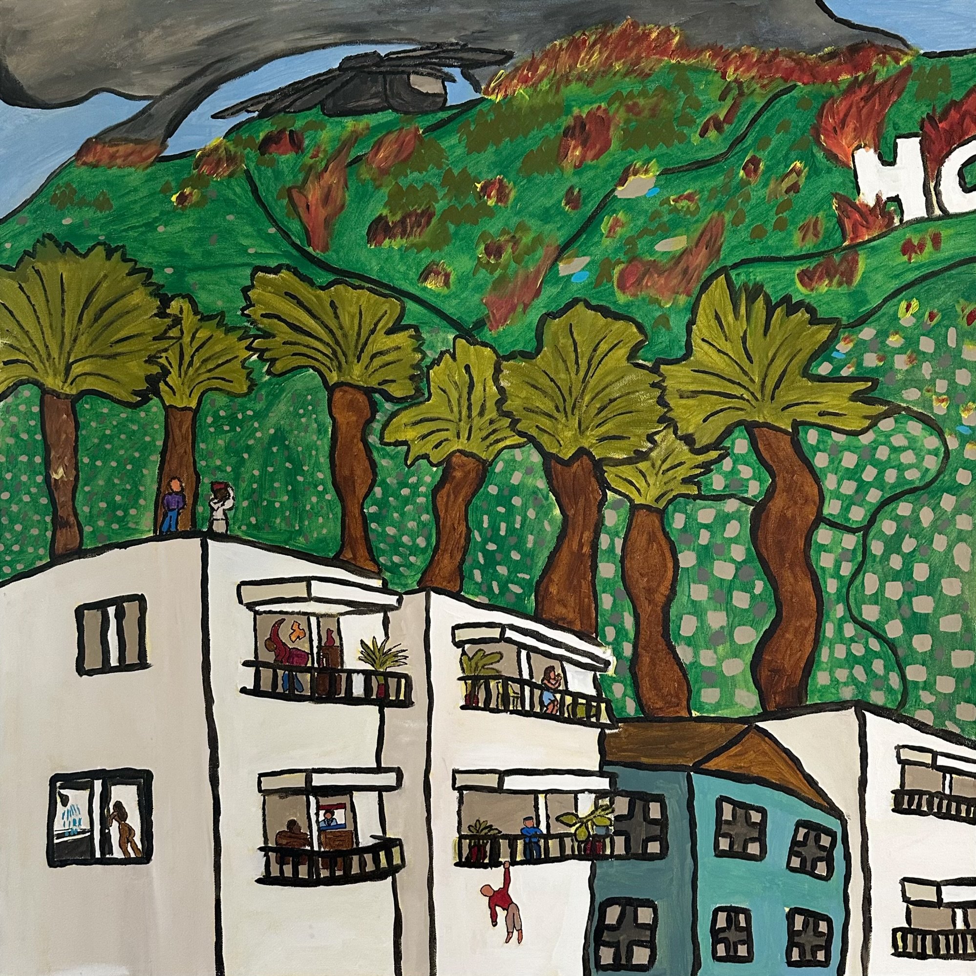 A colorful painting of a hillside village with houses, trees, and people, illustrating a vibrant community scene.