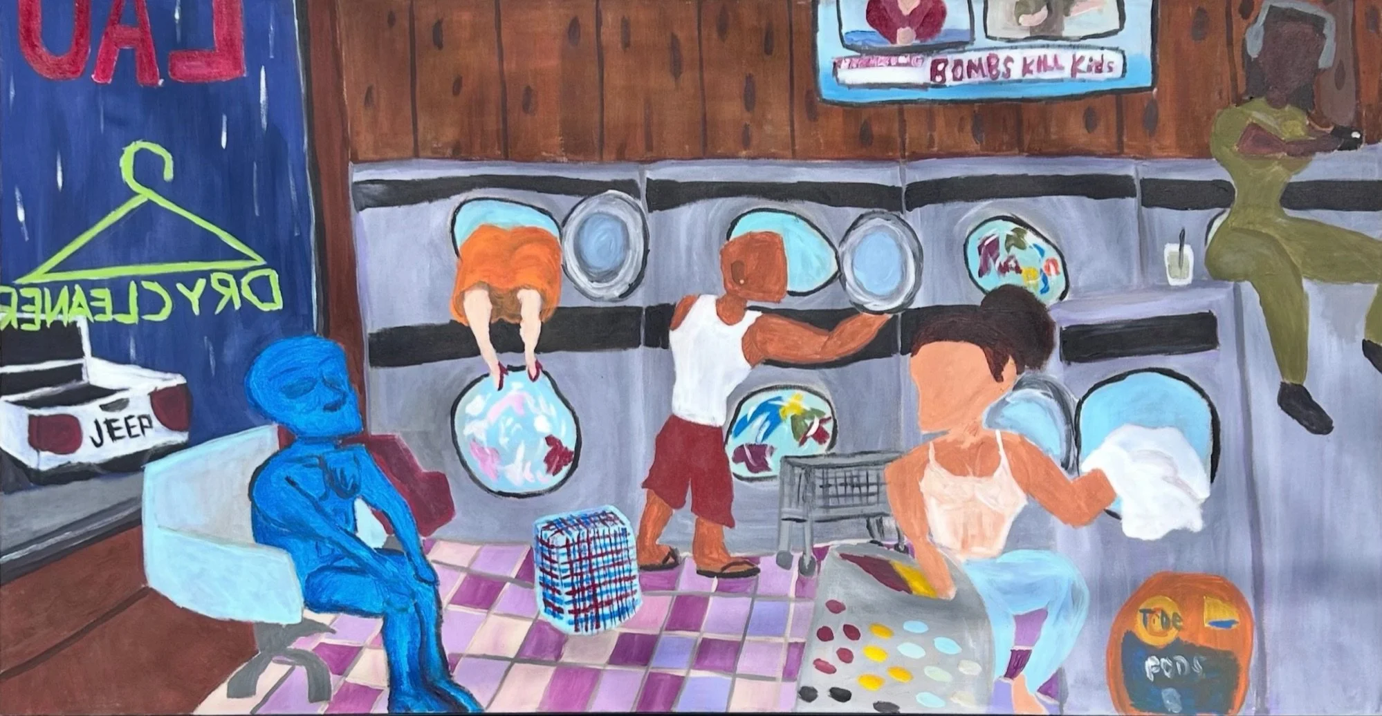 A colorful painted scene of a laundromat with people doing laundry, a dog, a blue humanoid figure, and a large sign with the word 'FAR' and a neon green laundry hanger with the text 'DRY CLEANER' in the background.