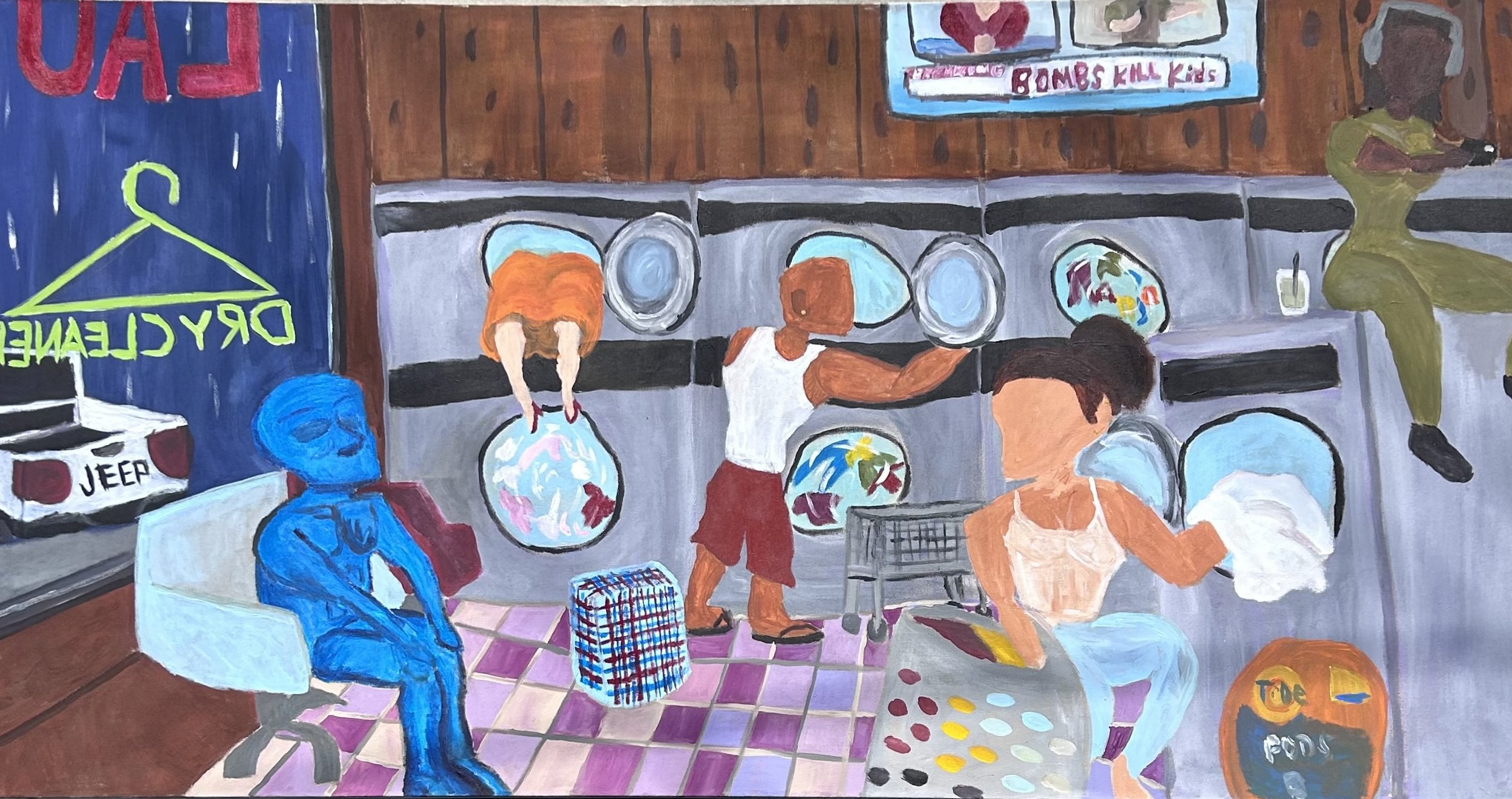 A colorful painting depicting a laundromat scene with people doing laundry, a dog, and various signs and objects, including a blue alien figure, a suitcase, and a pumpkin with a face.