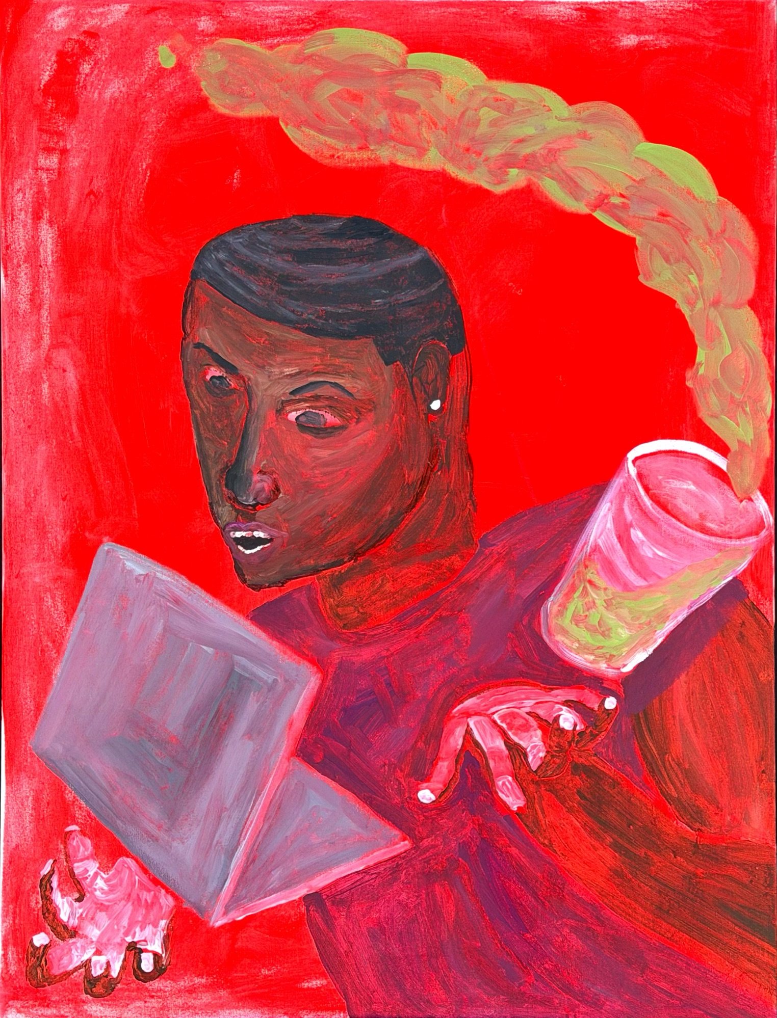 A portrait-style painting of a woman with dark hair in a bun, holding a wine glass, against a vibrant red background. The woman appears surprised or in mid-sentence, wearing a gray long-sleeved top and elegant pearl earrings. Smoke-like swirls are emanating from her head.