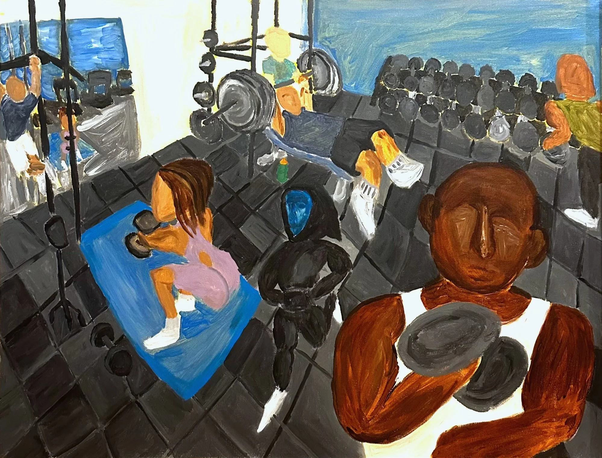 A painting of a woman with long brown hair sitting at a table with a blue tablecloth, watching a man lifting weights during a fitness class inside a gym. Several other people are seated and watching, with gym equipment like weights and saunas visible in the background.