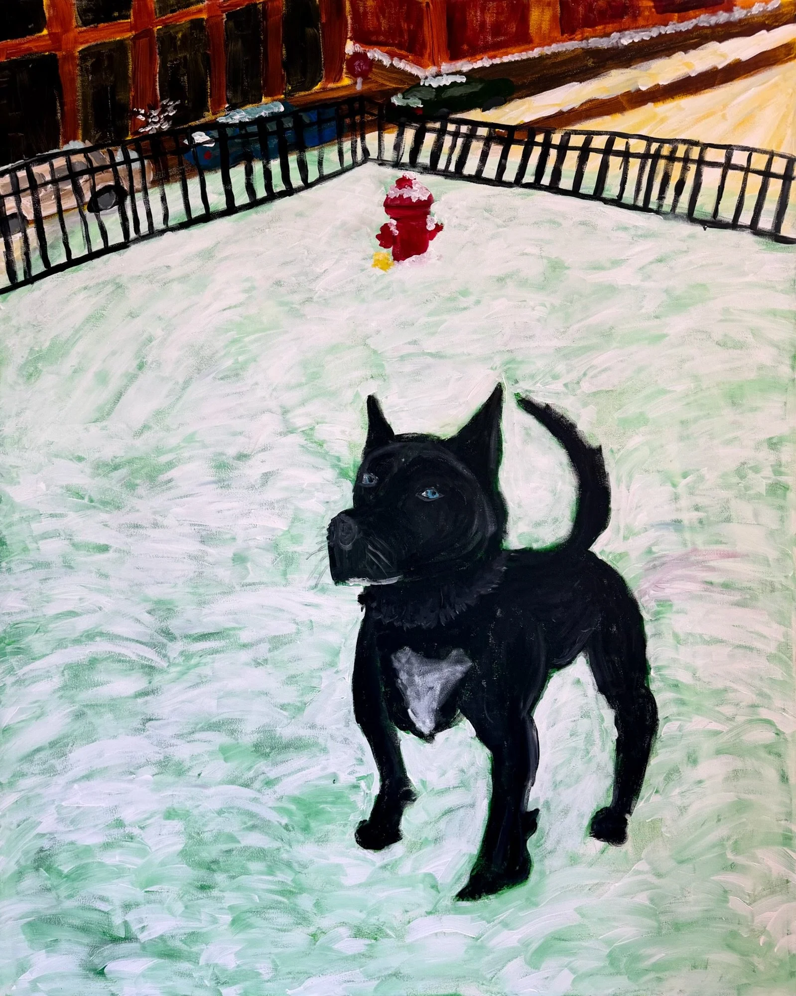 Painting of a black dog in a snow-covered yard, with a red fire hydrant in the background, enclosed by a black fence.