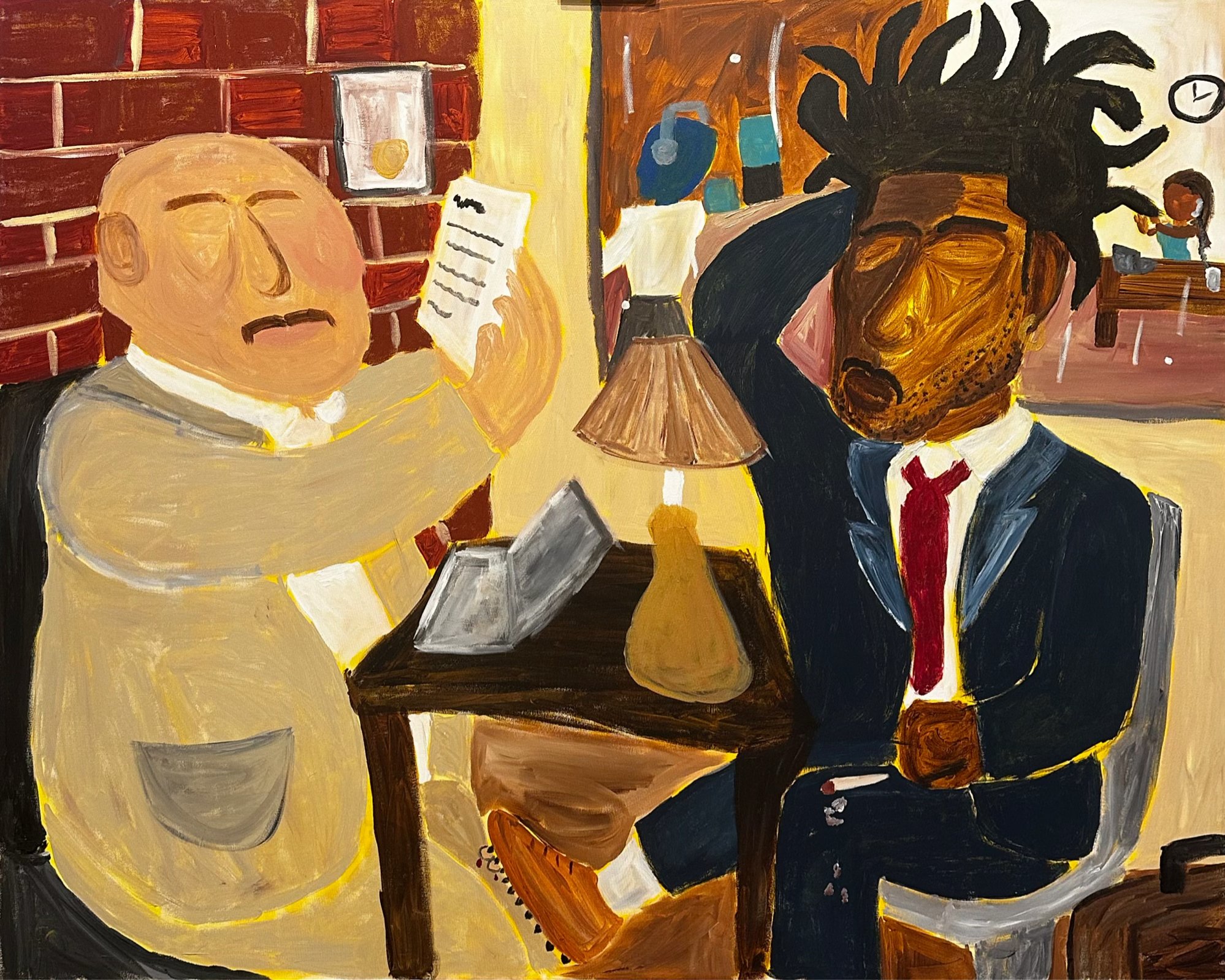 A colorful abstract painting of three characters. On the left, a person with a bald head, closed eyes, and headphones, reading a piece of paper. On the right, a person with dark hair in large dreadlocks and a red tie, looking ahead. In the background, small figures of a girl with headphones and a microphone, and a figure in a blue outfit, seated at a table with colorful bottles and lamps.