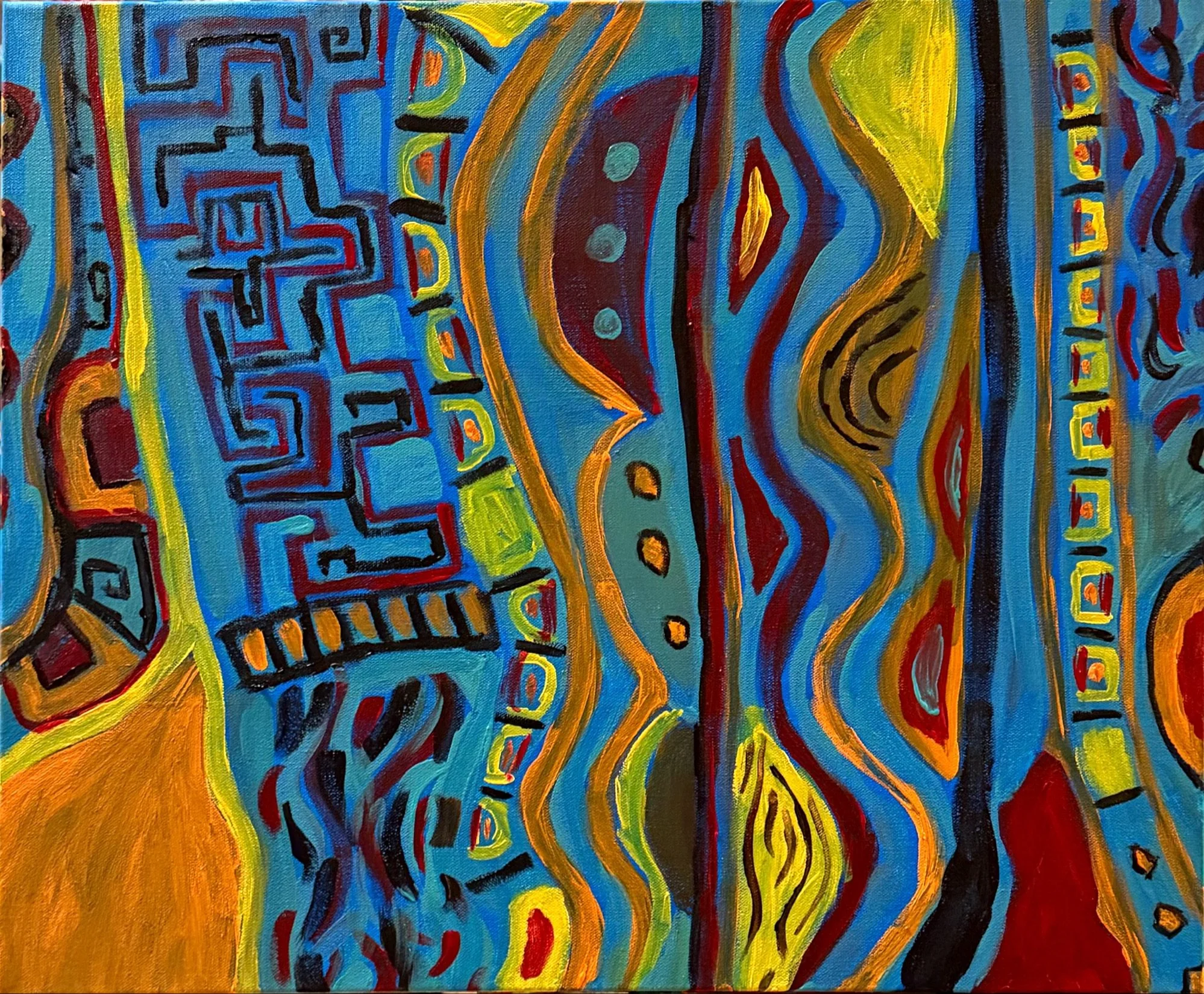 Colorful abstract painting with vivid yellows, blues, reds, and oranges, featuring swirling lines, geometric shapes, and patterns.
