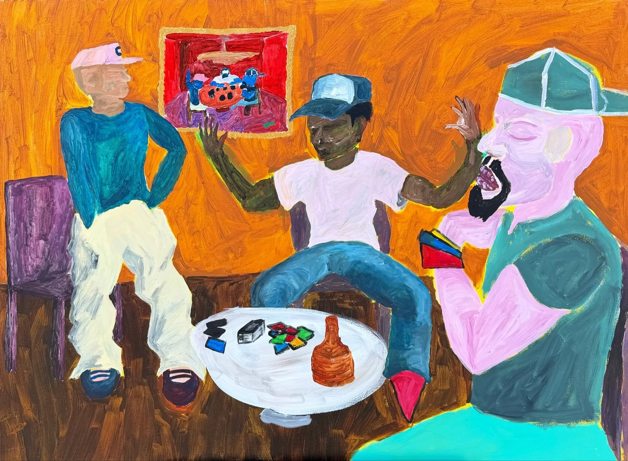A colorful painting depicts three people sitting and standing around a table, playing a game of dominoes, with a room seen through an open doorway and miscellaneous objects on the table.