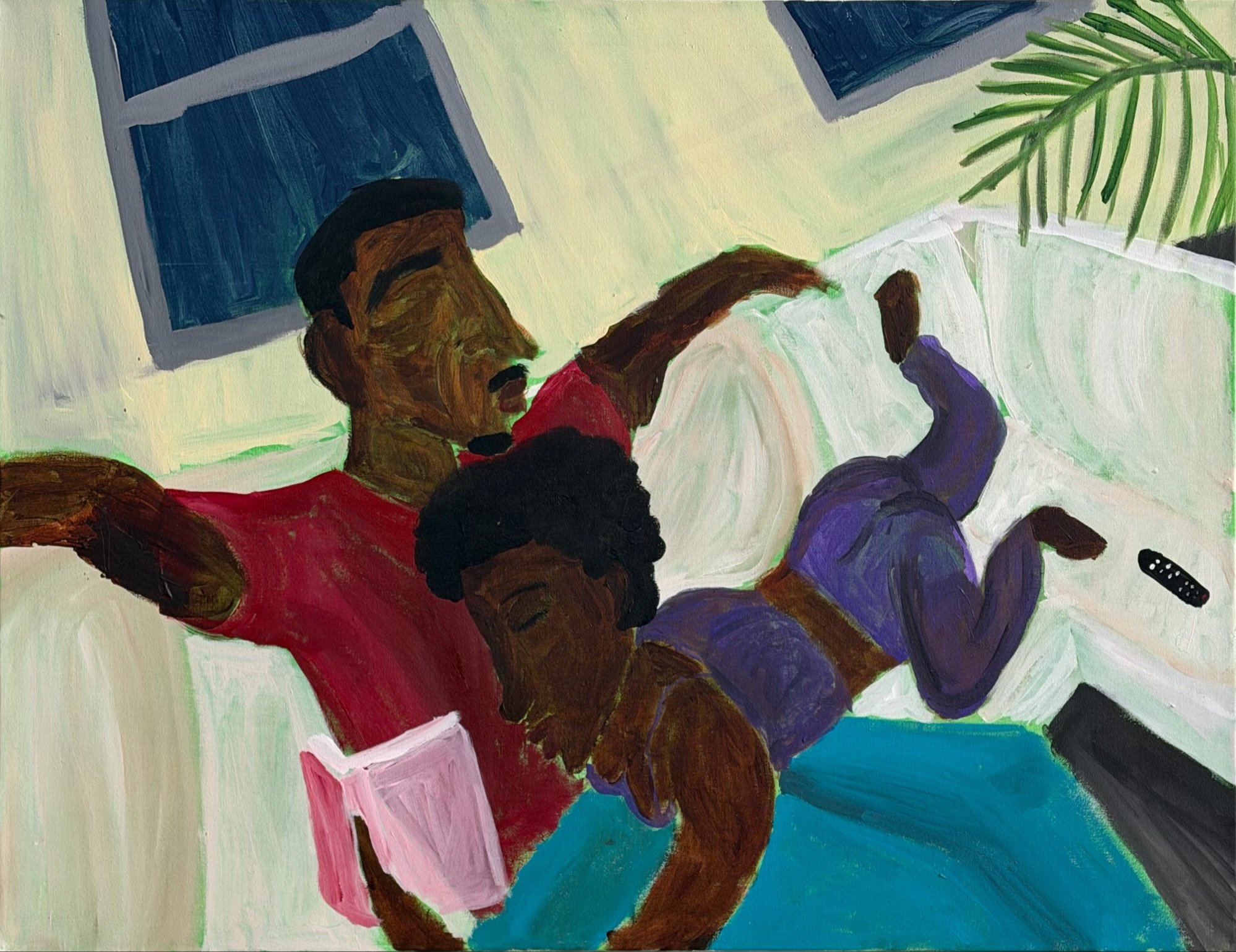 A colorful painting of an abstract scene with various shapes and colors, including a person's face and upper body with dark hair, a person with purple and black clothing, and green, blue, pink, and cream background elements.