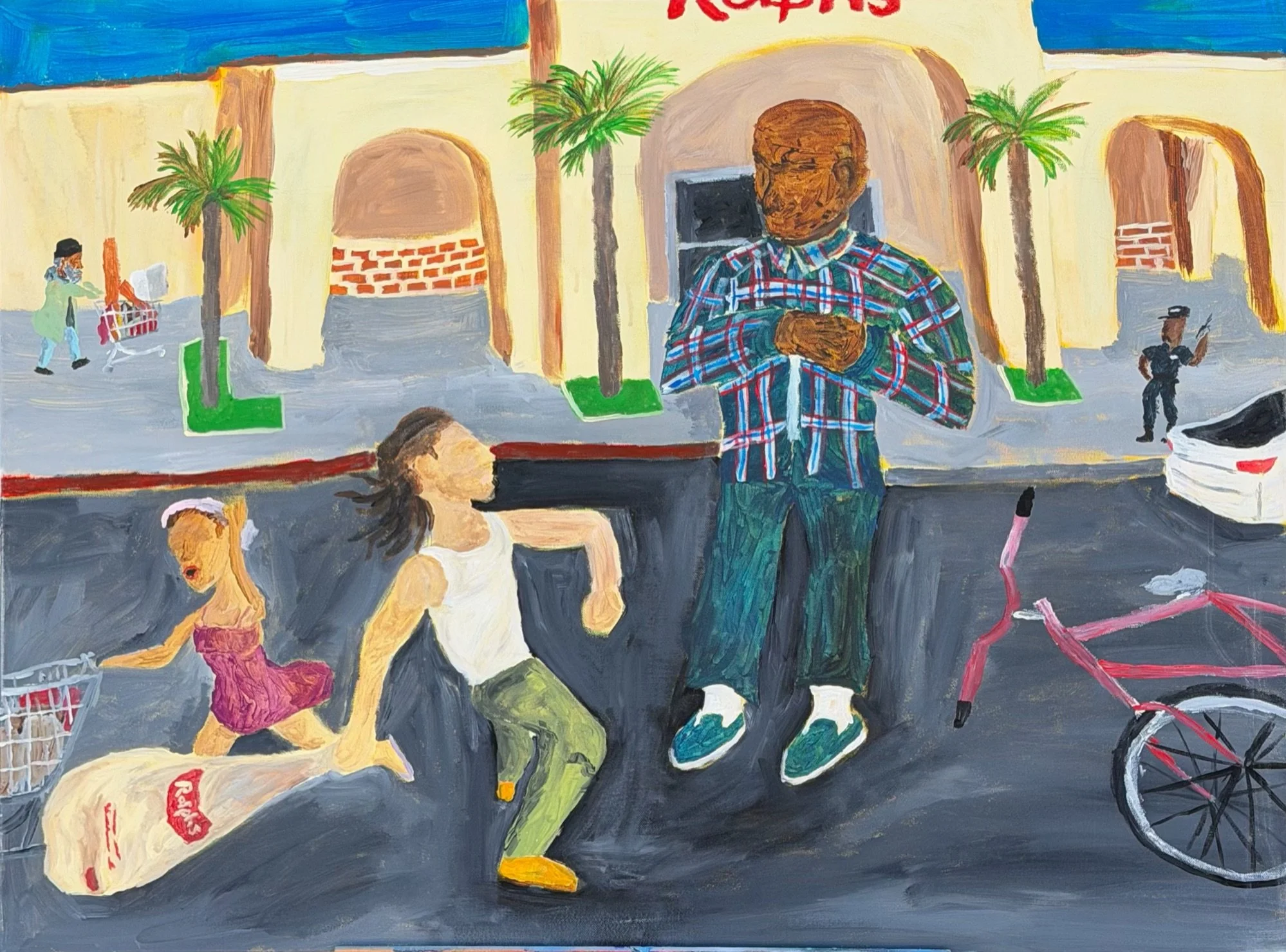 A colorful outdoor scene painted in a style resembling an impressionist or naive art. It features a man in a plaid shirt looking at his phone, a woman in a pink skirt running, a child with glasses, another person on a bicycle, palm trees, and a building with an archway and red brick details in the background.