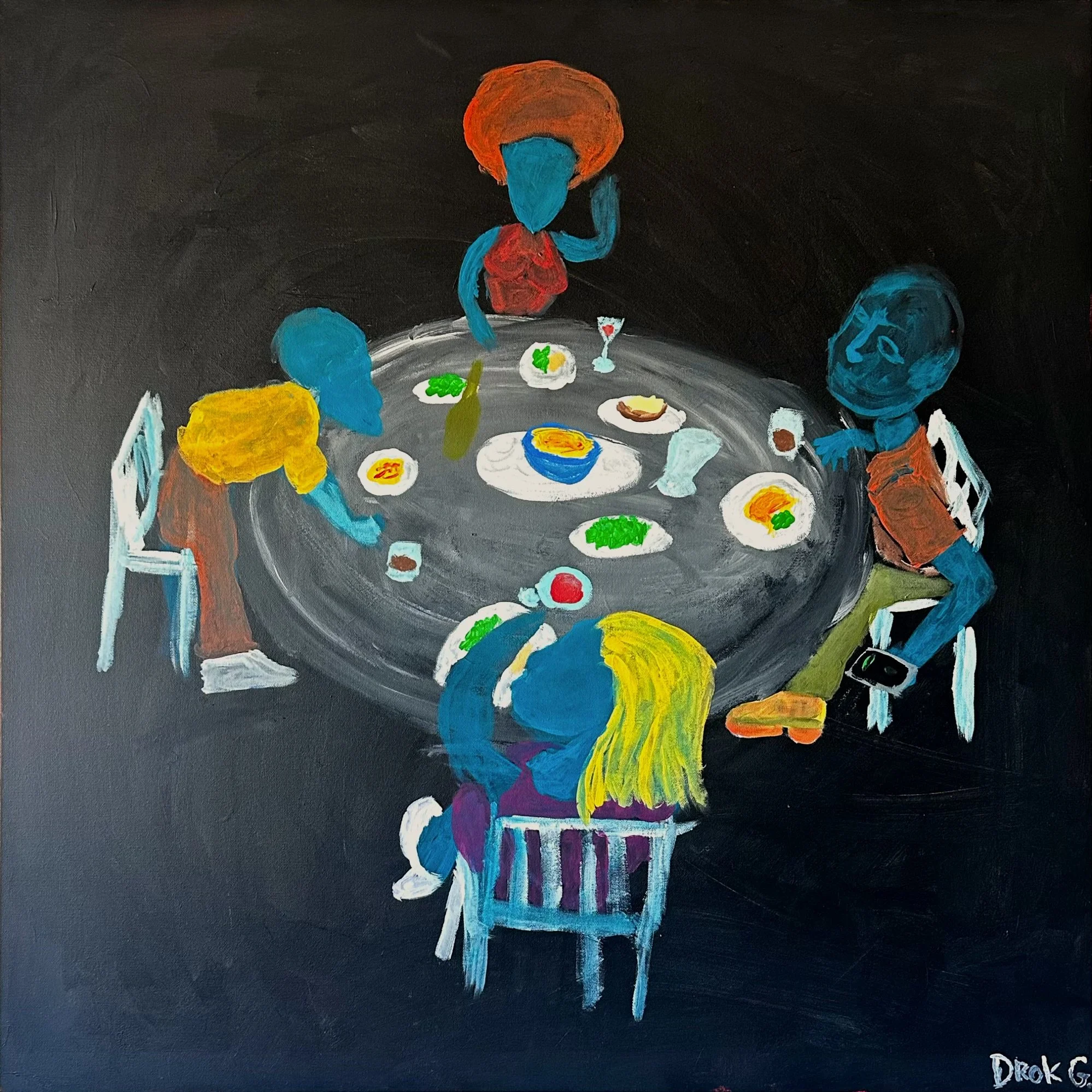 An abstract painting of a dinner scene depicts three characters with blue faces and orange or yellow hair, sitting around a table with various dishes, a glass of wine, and utensils against a black background. The artist's signature, "Drok," is in the bottom right corner.