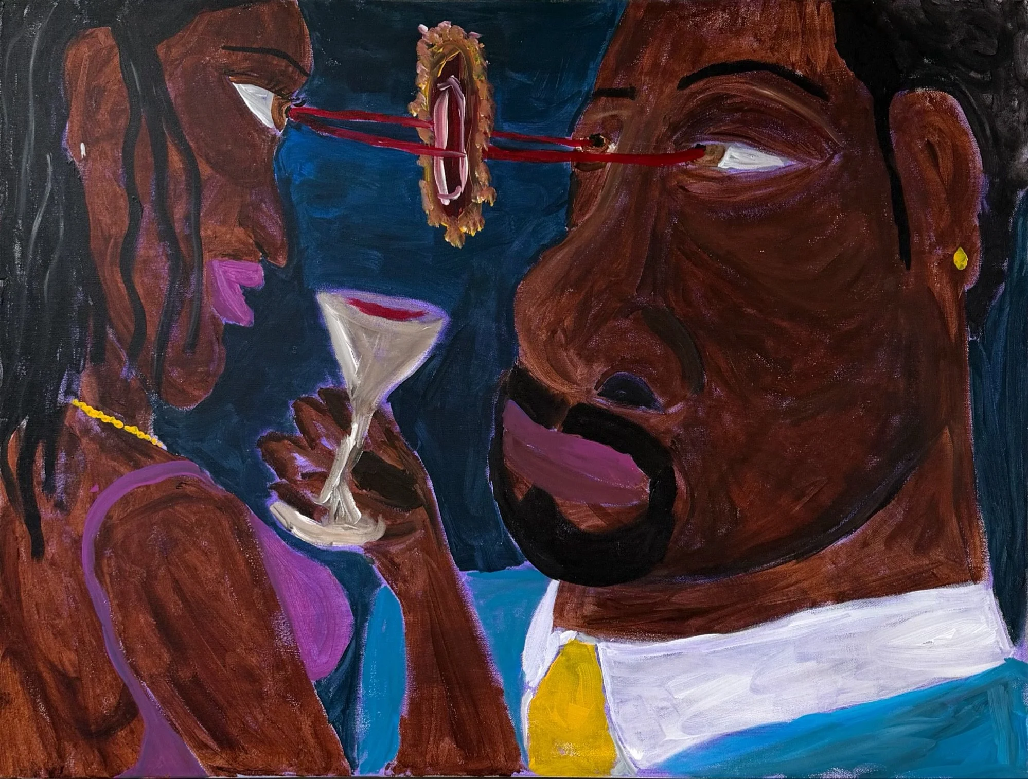 An abstract painting featuring two faces close together. One face has dark brown skin and long hair, wearing a purple top and yellow necklace. The other face, painted in shades of brown and red, has a prominent eye with a red line extending from it. The background is dark with hints of blue and purple.