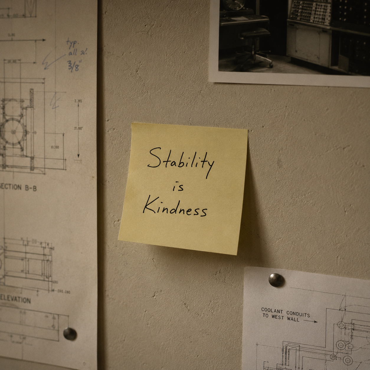 A yellow sticky note on a beige wall with the handwritten message 'Stability is Kindness.' To the left, there are architectural blueprints, and above, part of a black-and-white photo of an office chair and bookshelf. Below, a printed technical diagram is pinned with a metal thumbtack.