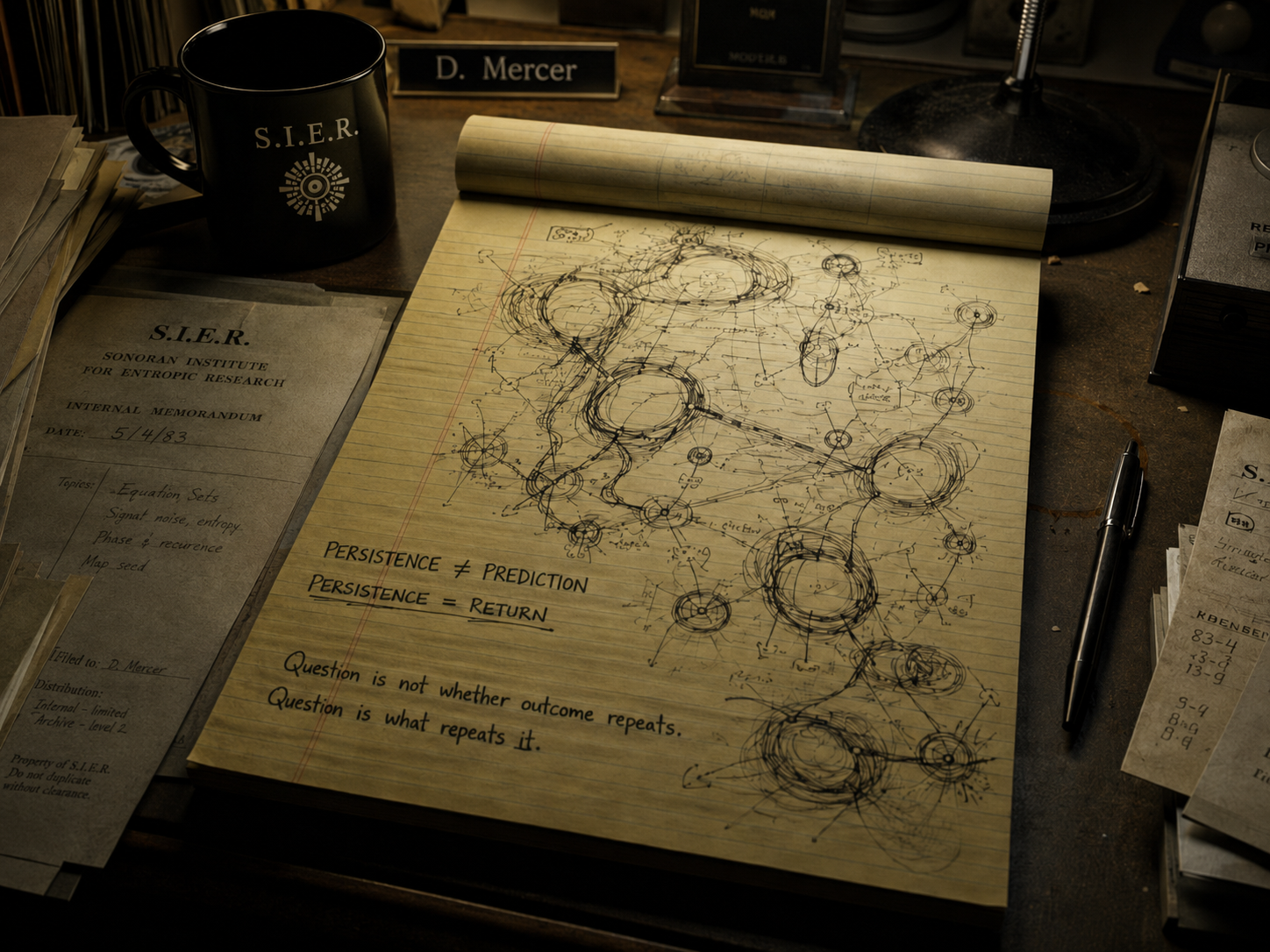 A cluttered desk with scientific notes, diagrams, and research papers, including a notepad with hand-drawn sketches and handwritten notes about persistence and prediction. A pen is placed to the right of the notepad, and a black coffee mug with the S.I.E.R. logo is nearby.