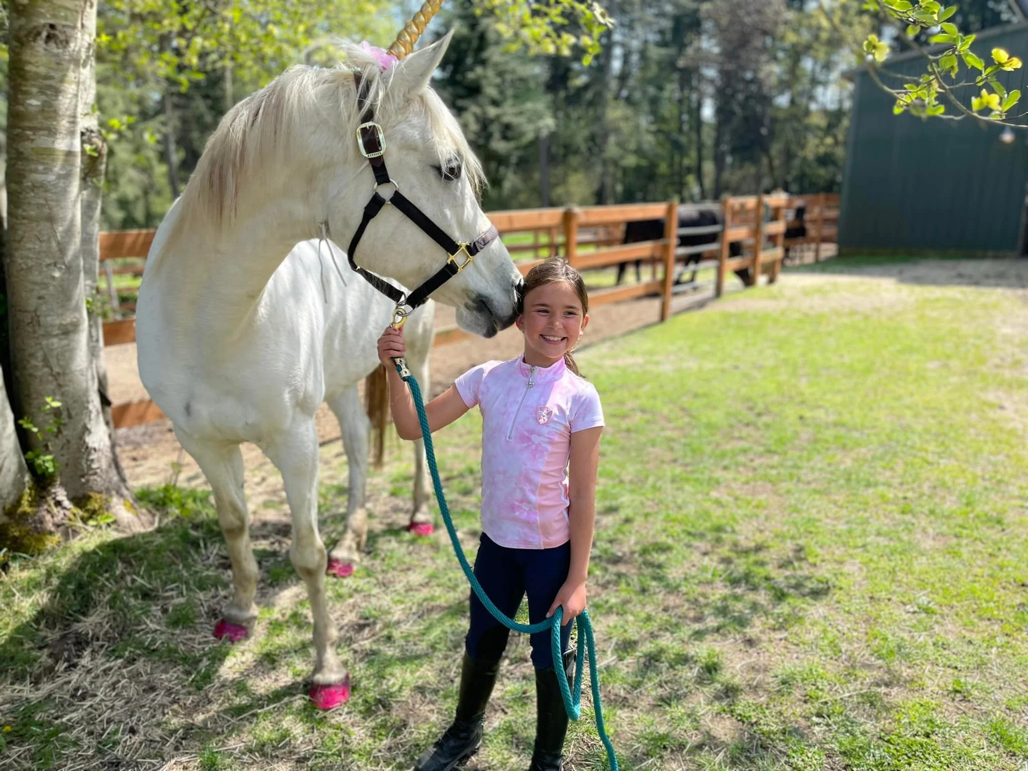 Young girl standing outside with a white horse, both smiling. The girl is holding the horse's lead, wearing a pink tie-dye shirt, black pants, and black boots. The horse has a pink ribbon on its mane and pink hoof protectors, surrounded by trees and a wooden fence.