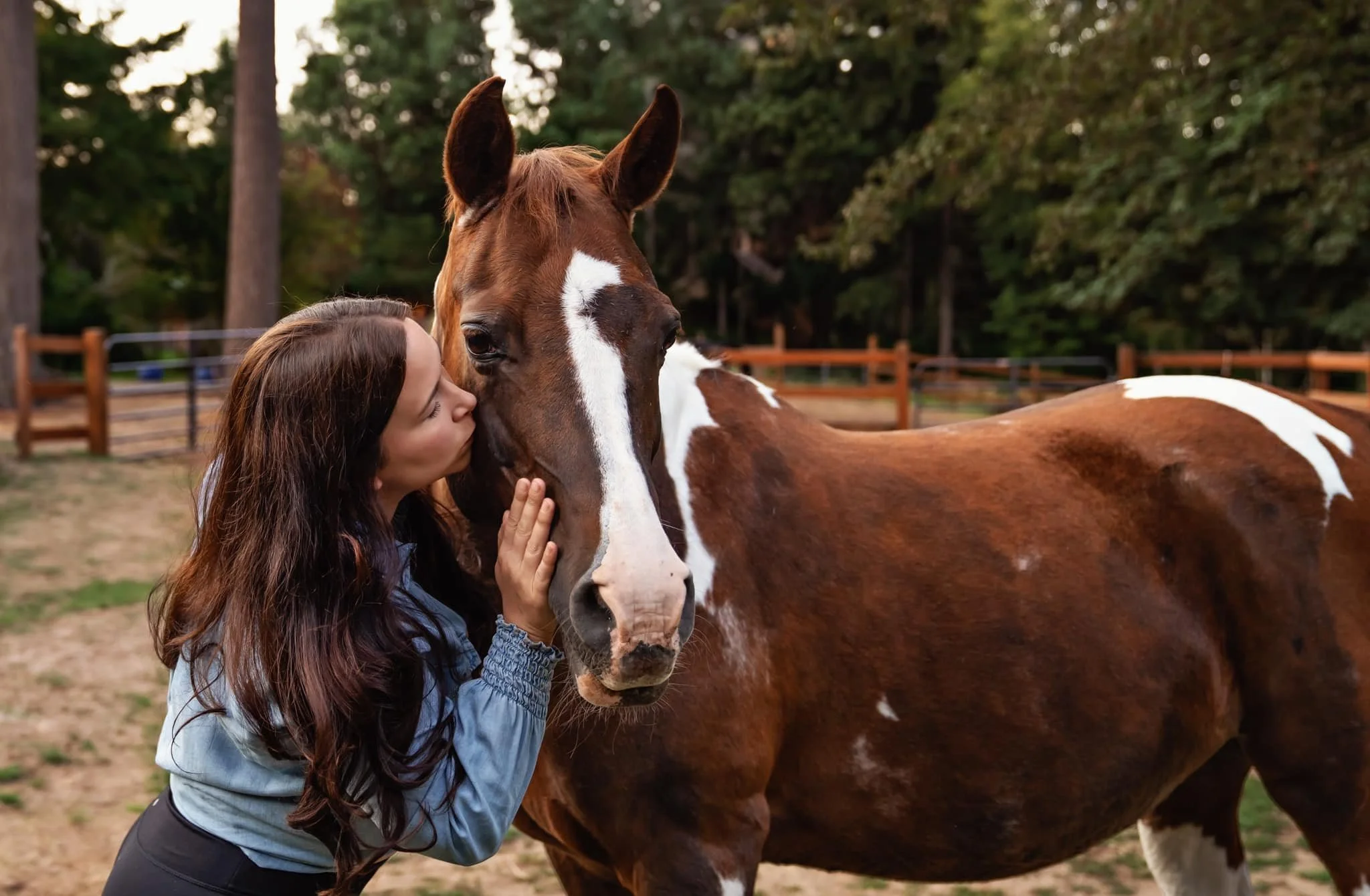 A woman is affectionately kissing a brown and white horse in a fenced outdoor area with trees in the background.