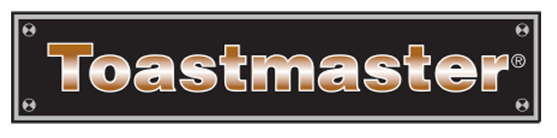 Close-up of a black sign with the word 'Toastmaster' in large, bold, brown and white letters.