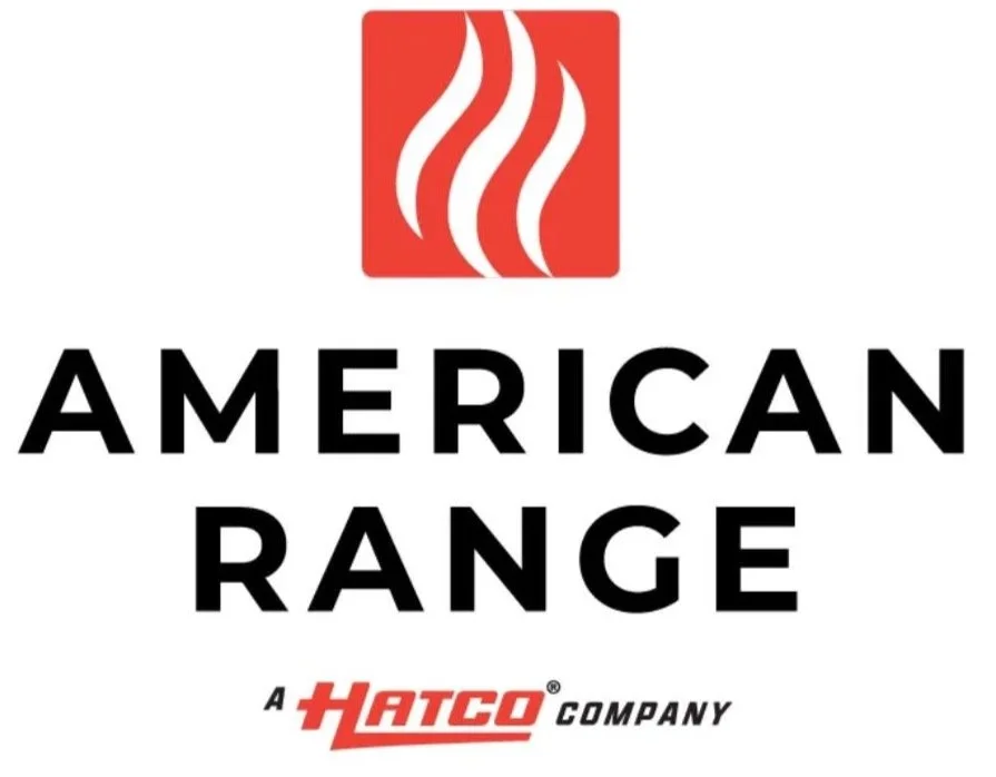 Logo of American Range featuring red steam lines and text indicating it is a Hatco Company.