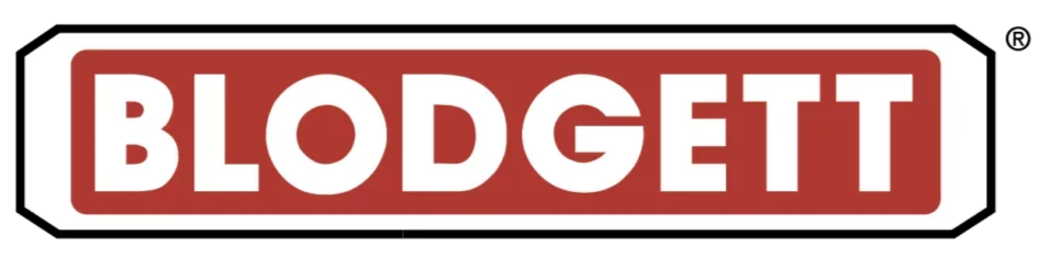 Sign with the name 'Blodgett' in bold white letters on a red background, bordered by a black outline.