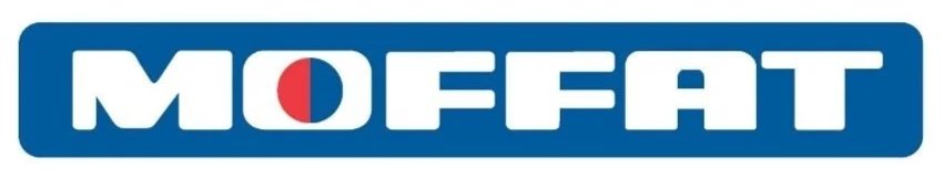 Logo with the word MOFFAT in bold white letters on a blue background, featuring a circular icon with red and blue sections.