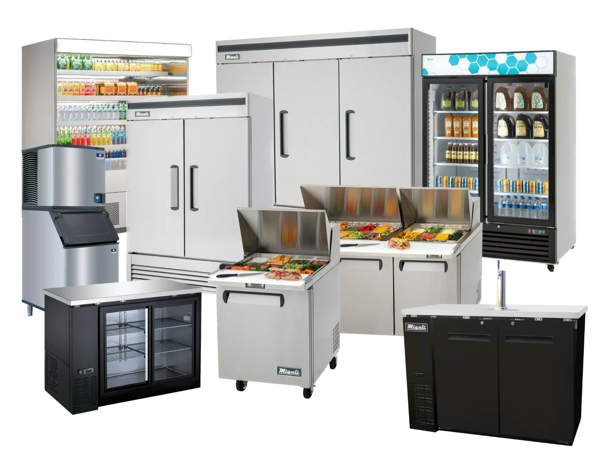 Commercial refrigeration and food storage equipment including a glass-door refrigerator, upright freezer, prep tables, refrigerated display cases, and a drink cooler.