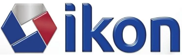 IKON logo featuring a geometric hexagon with red, white, and blue segments next to the word 'ikon' in blue lowercase letters.