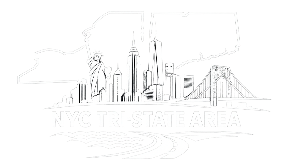 Outline of the New York City tri-state area with landmarks like the Statue of Liberty, Empire State Building, and Brooklyn Bridge, with the text 'NYC TRI-STATE AREA' underneath.