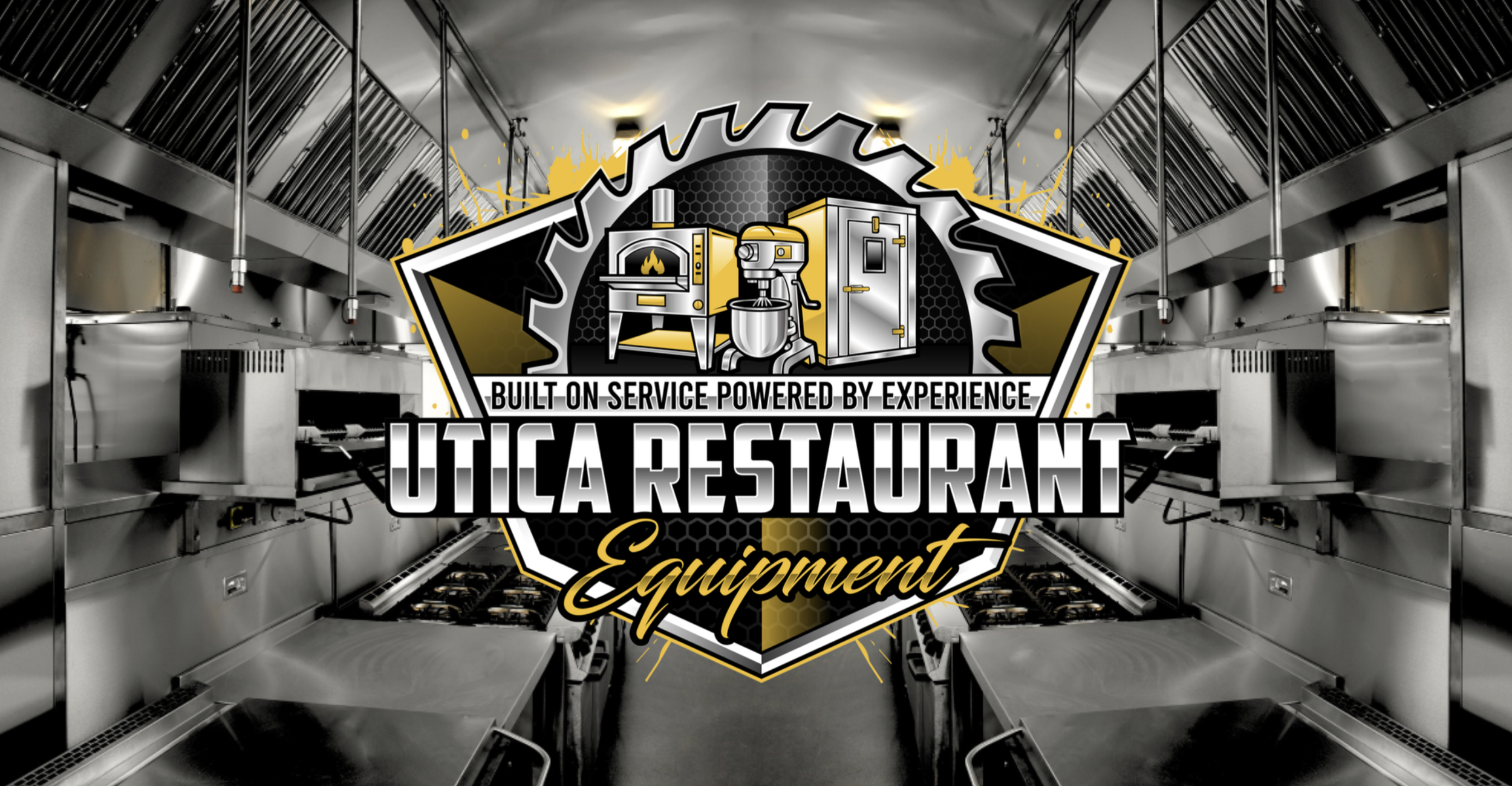 A large logo for Utica Restaurant Equipment overlaying the background of a commercial kitchen with stainless steel appliances and cooking stations.