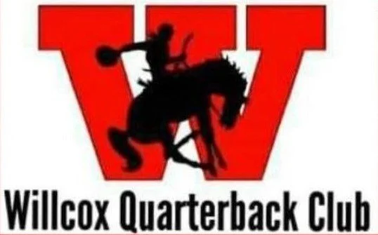Red background with gold stars, Wilcox Quarterback Club logo featuring a black silhouette of a football player on a horse, and white text saying 'Thank You'.