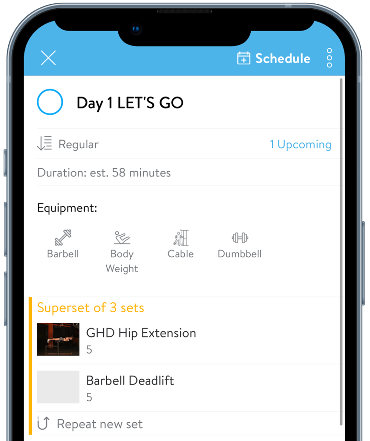 Mobile phone screen displaying a workout schedule titled "Day 1 LET'S GO" with details of an exercise session including equipment icons and a list of exercises, such as GHD Hip Extension and Barbell Deadlift.