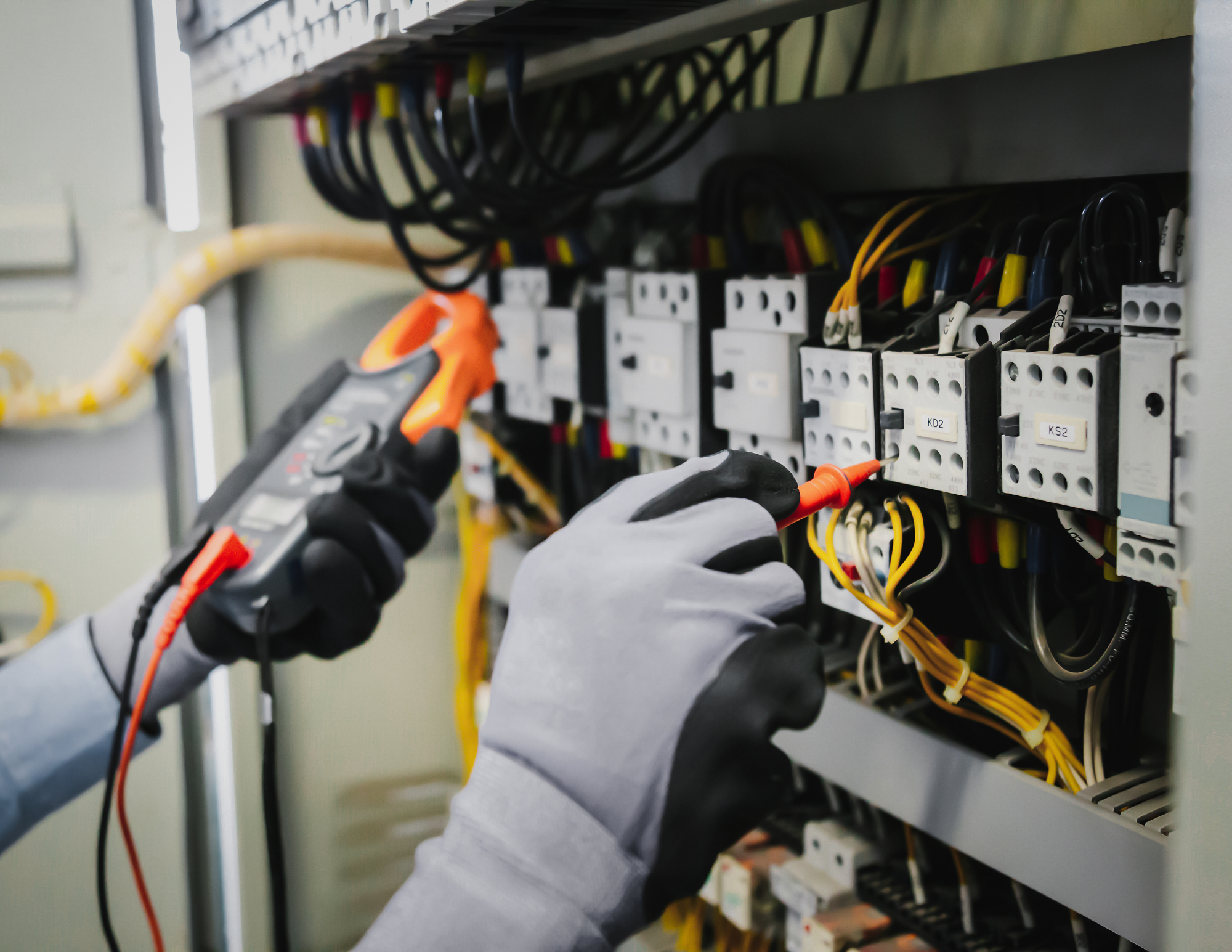 Technician testing electrical wiring with a multimeter in an electrical control panel.