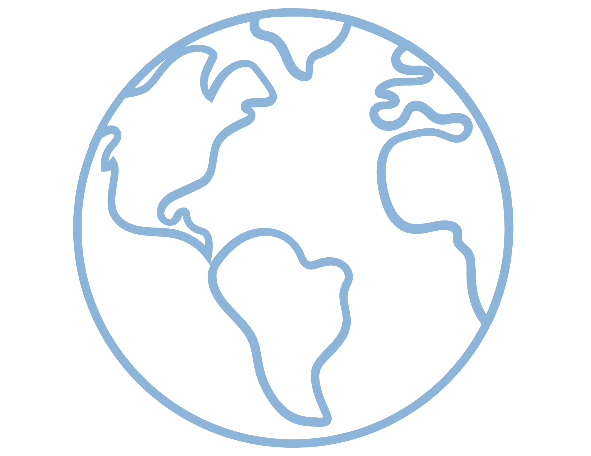 Light blue outline icon of Earth showing North and South America, Europe, Africa, and Asia on a black background