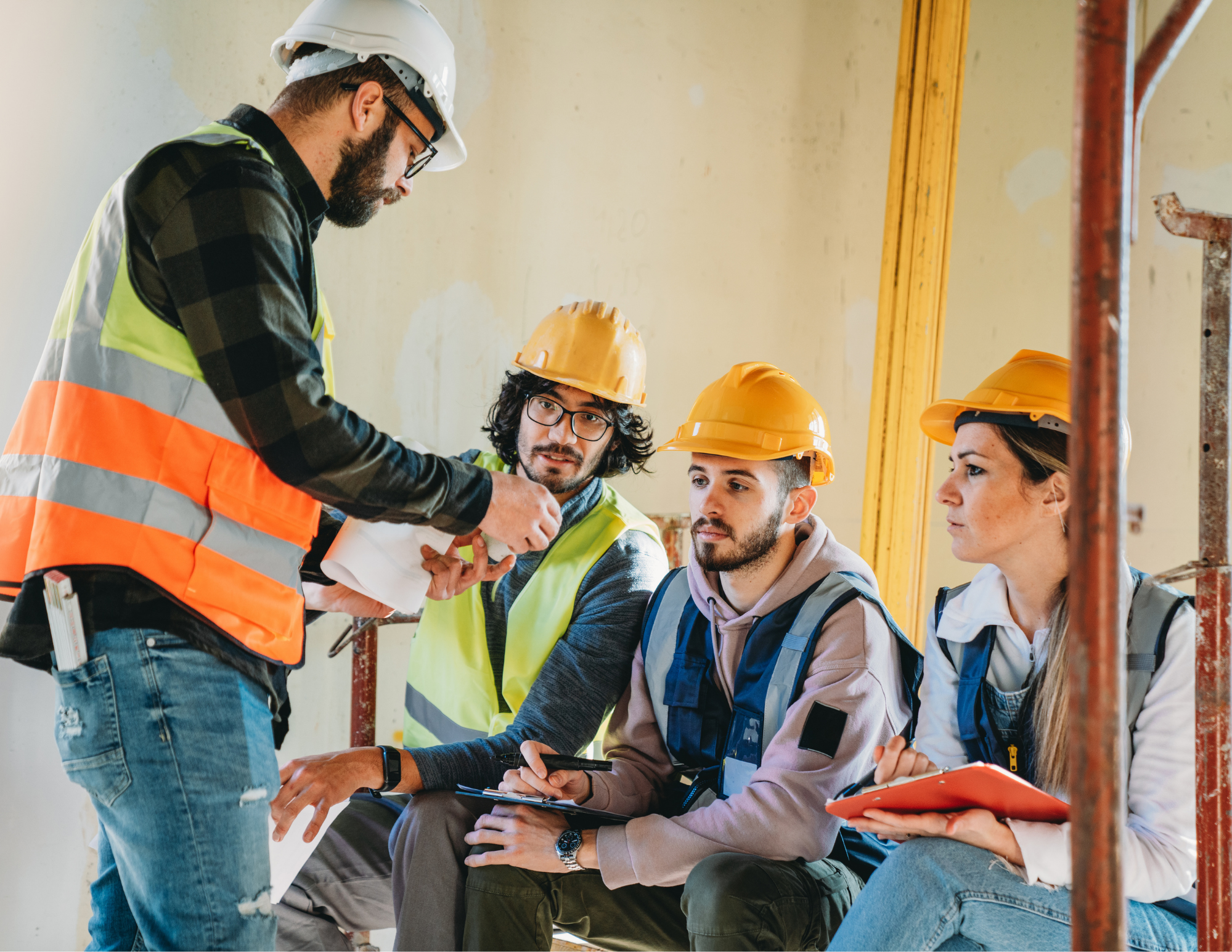 Five construction workers wearing yellow hard hats and safety vests, collaborating and reviewing plans inside a building under construction.