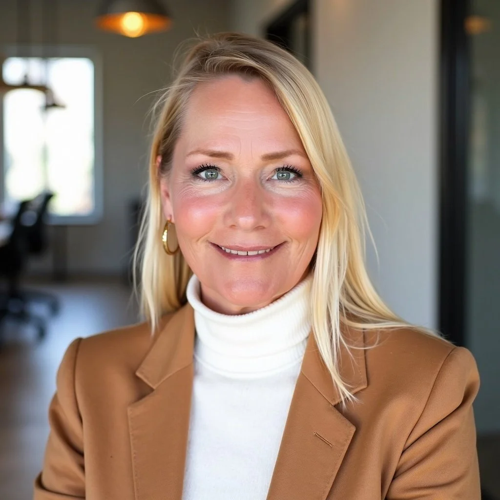 A smiling blonde woman wearing a white turtleneck and brown blazer, with earrings, indoors with a blurred background of a modern office or home.