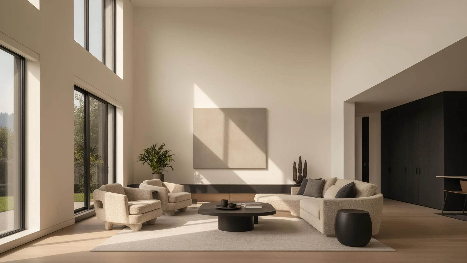 Minimalist living room with large windows, beige sofa with gray cushions, two beige armchairs, a black coffee table, a black side table, and a plant near the window. Sunlight casts shadows on the wall.