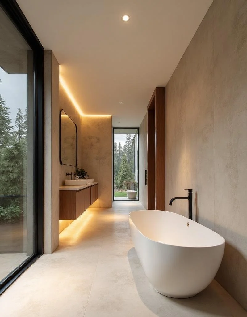 Modern bathroom featuring a freestanding white bathtub with a black faucet, a sleek vanity with a vessel sink and a mirror, large walk-in glass door showing outdoor greenery, and minimalist design with neutral tones and warm lighting.