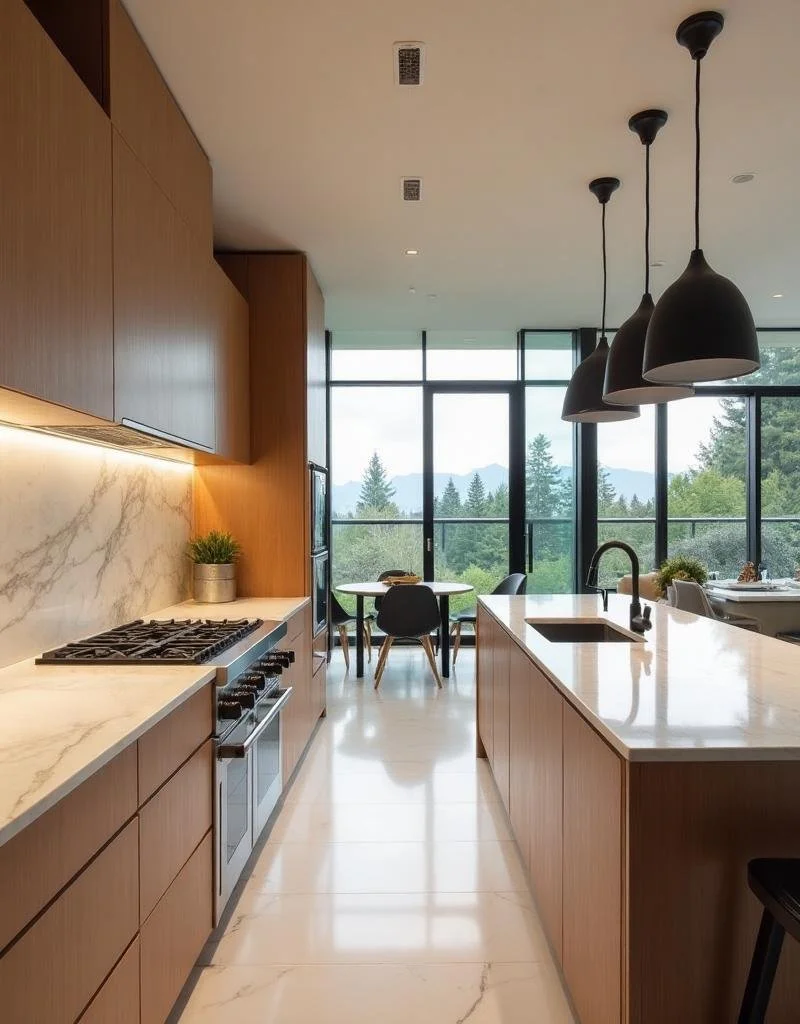 Modern kitchen with wooden cabinets, marble backsplash, and a large island with a black sink. Three black pendant lights hang over the island, and large glass windows reveal a scenic view of trees and mountains outside.