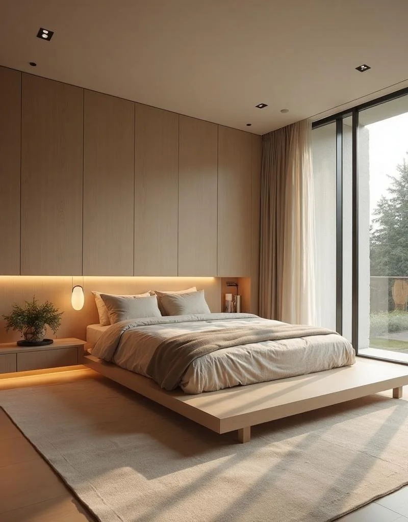A modern bedroom with a low wooden platform bed, beige bedding, and pillows. There is a nightstand with a potted plant and a small lamp. The room has large floor-to-ceiling windows with curtains, natural light, and a view of trees outside.