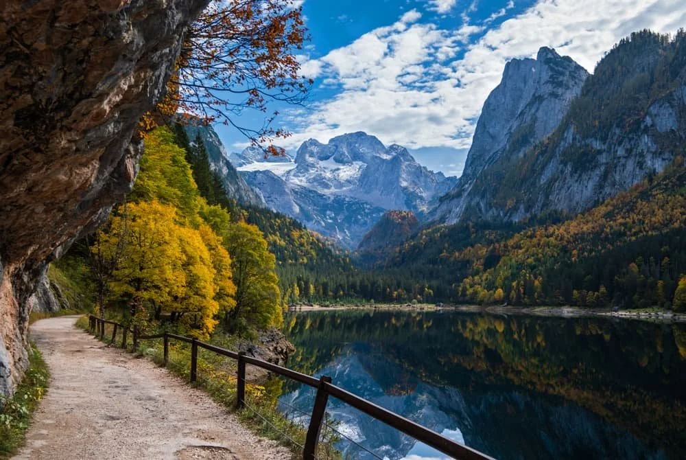 A stunning lake and mountain view with autumnal trees