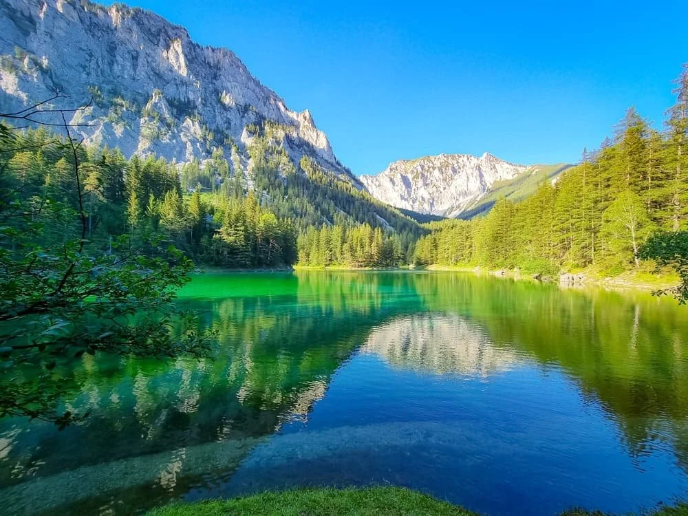 A deep green lake by forests and mountains
