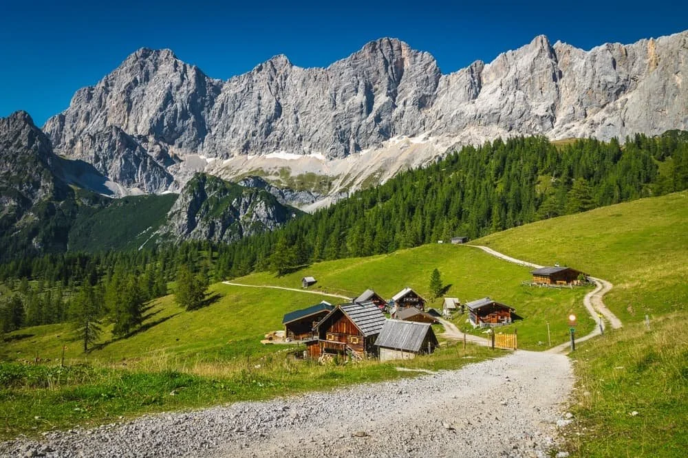 Wooden buildings on a green meadow in the mountains