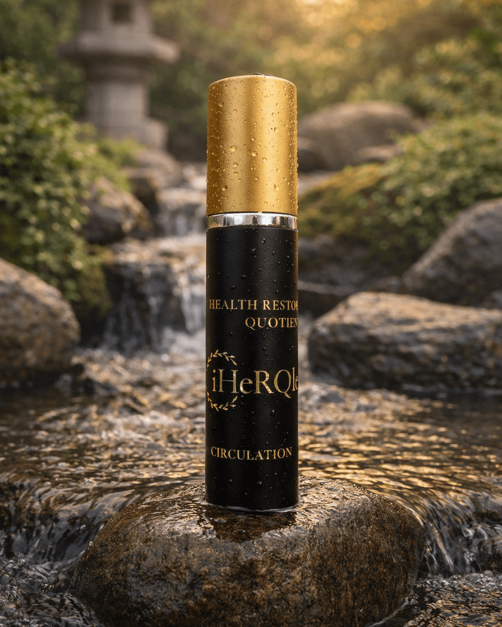 Bottle of iHeRQles quantum nutrition spray on rock