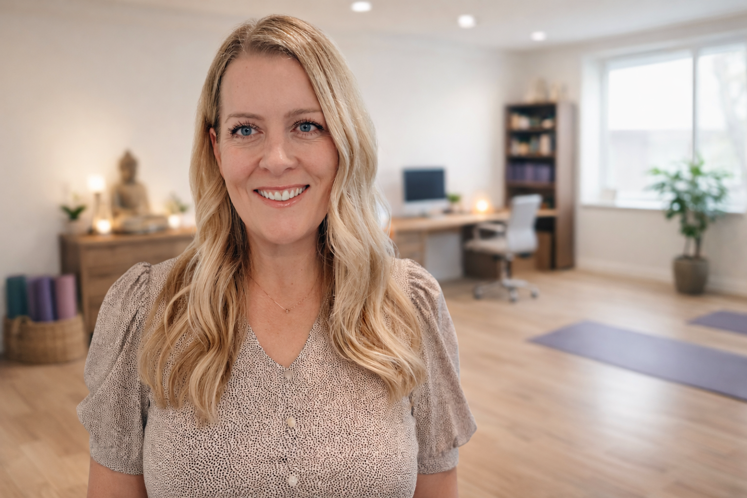 Lora Brady in yoga studio office advocates regenerative wellness through foundational nutrition