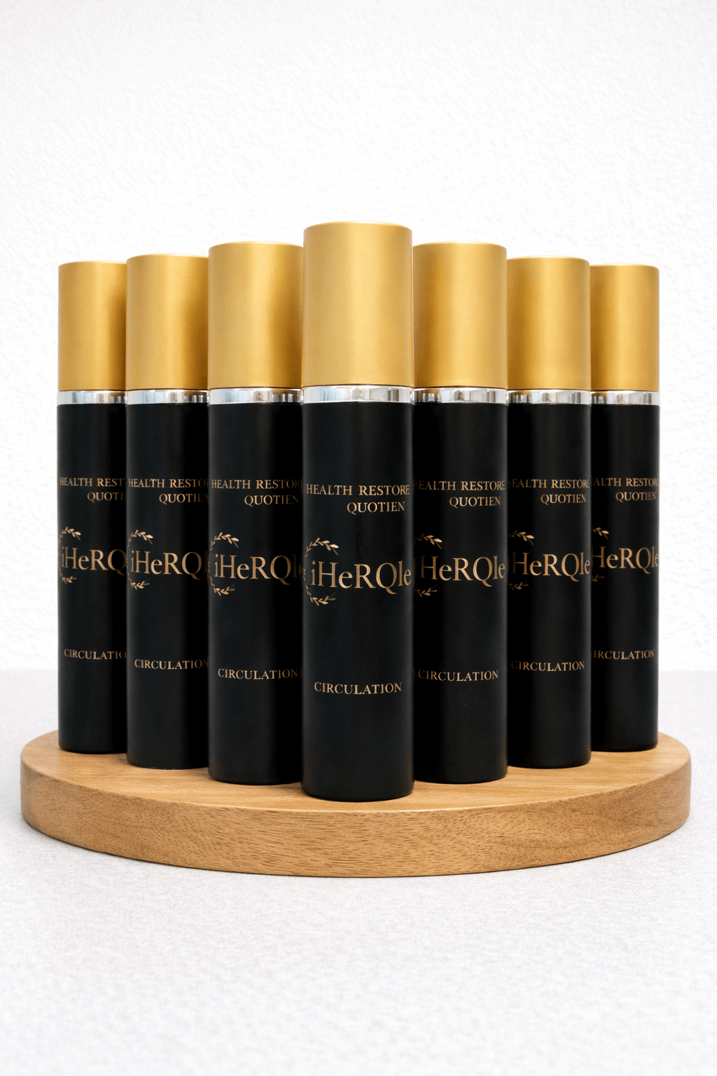 Nine bottles iHeRQles nutrition spray on a wood display stand
