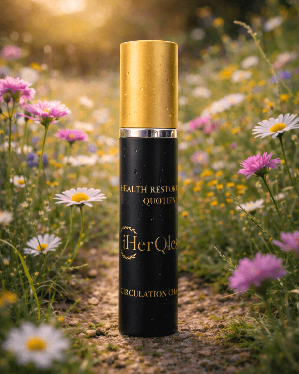 Bottle of iHeRQles spray surrounded by flowers