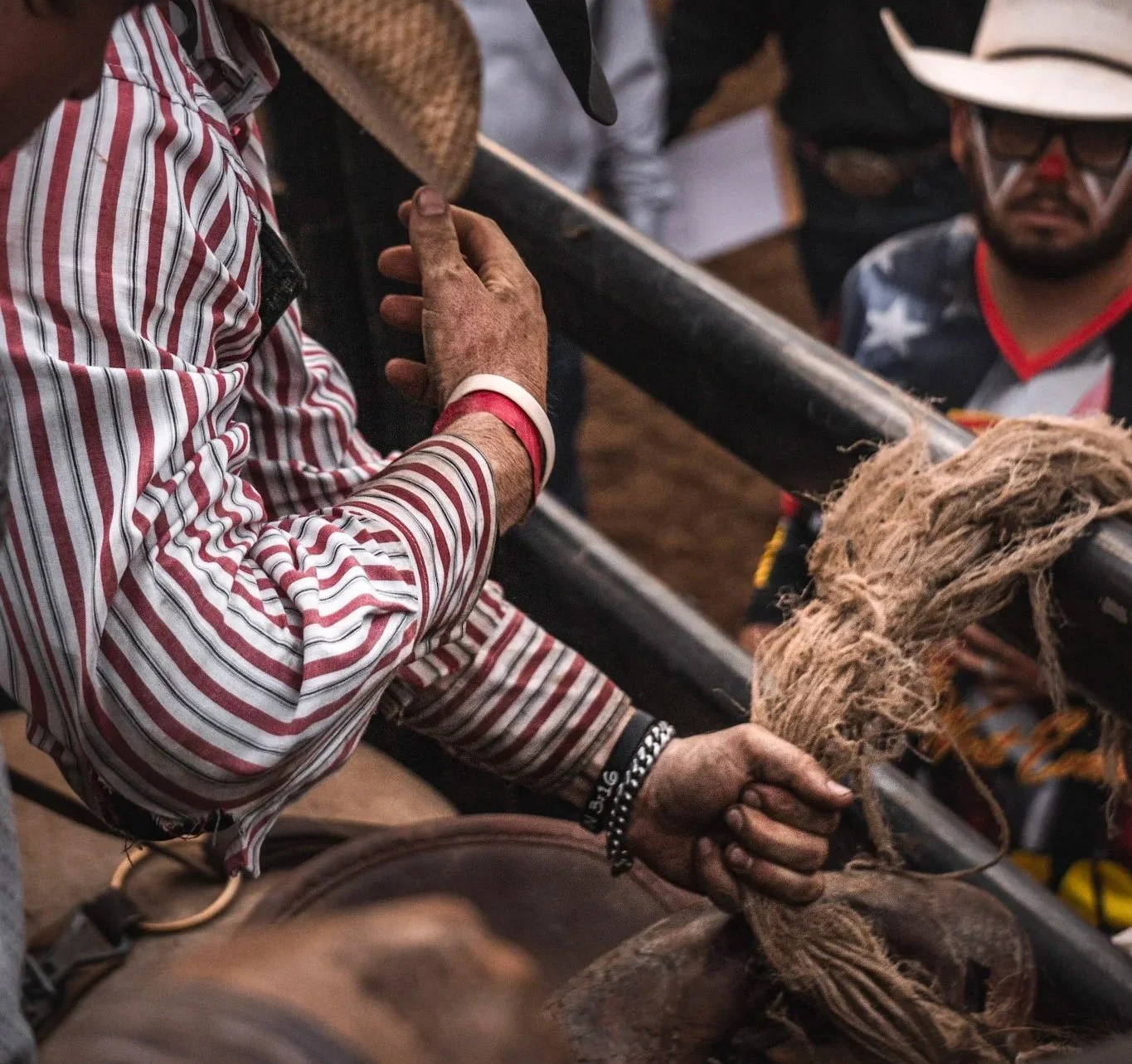 Detail shot of cowboys' hand getting ready to ride a bull