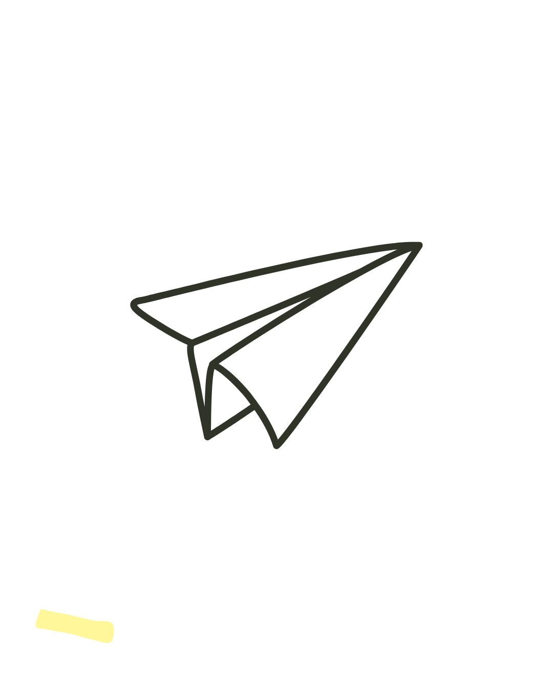 A simple black line drawing of a paper airplane with a yellow highlight on a small part of the tail, on a black background.